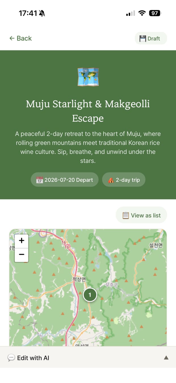 AI-generated 2-day Muju itinerary with map route